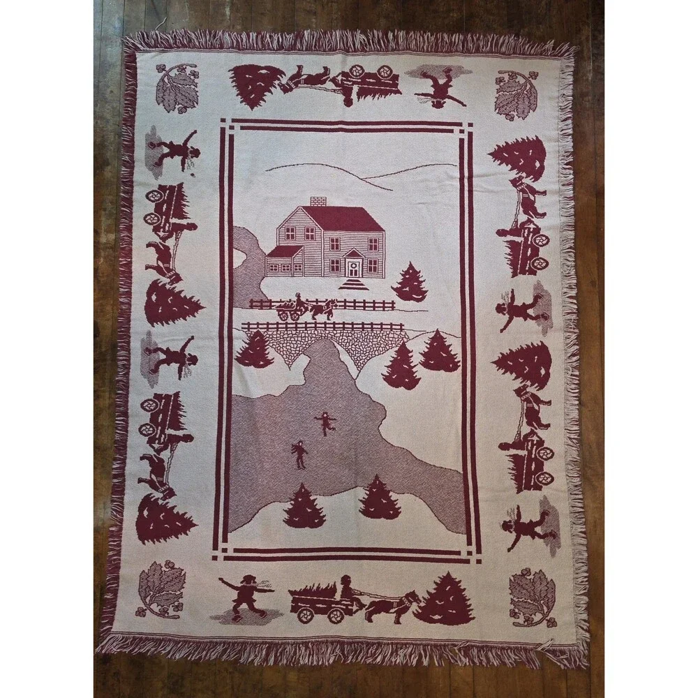 VTG Christmas Tree House Sleigh Holly Tapestry Blanket Throw Grandmacore 45X59